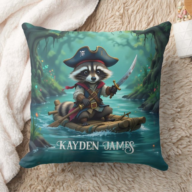Cute Captain Raccoon Rafting Down the River Throw Pillow (Blanket)