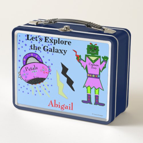 Cute Captain Zoey Green Girl Robot Pink Spaceship Metal Lunch Box