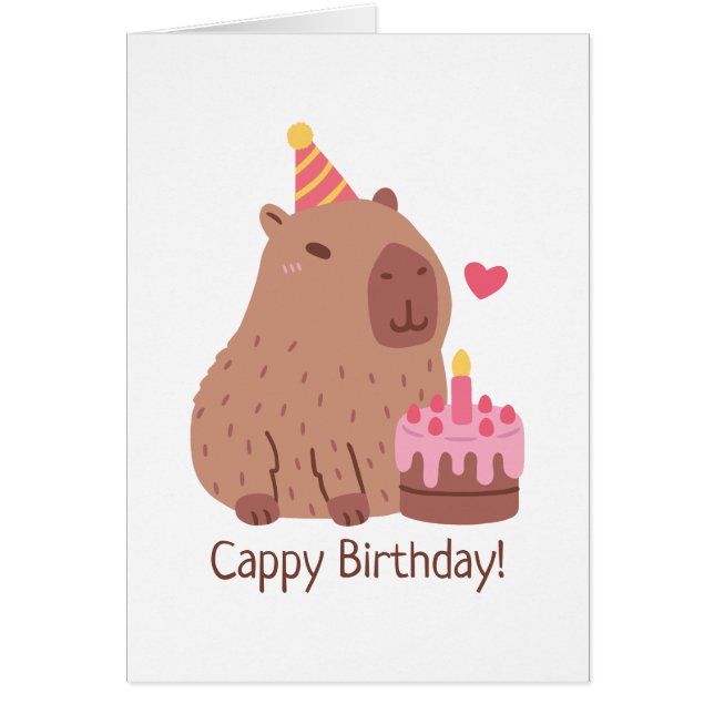 Cute Capybara And Cake Happy Cappy Birthday Cards (Front)