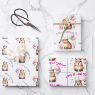 cute capybara birthday celebration wrapping paper sheets
