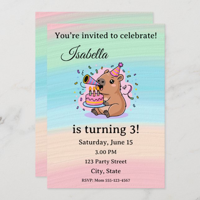 Cute Capybara Birthday Invitation Editable  (Front/Back)