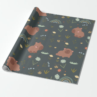 Cute Capybara Boho Rainbow Floral Pattern Wrapping Paper