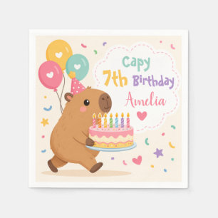 Cute Capybara Capy 7th Birthday Pink Girl Name Napkins