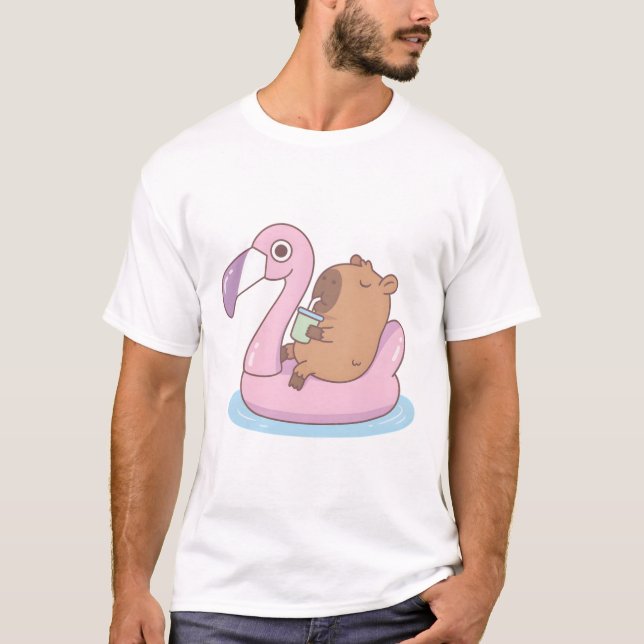 Cute Capybara Chilling On Pink Flamingo Pool Float T-Shirt (Front)