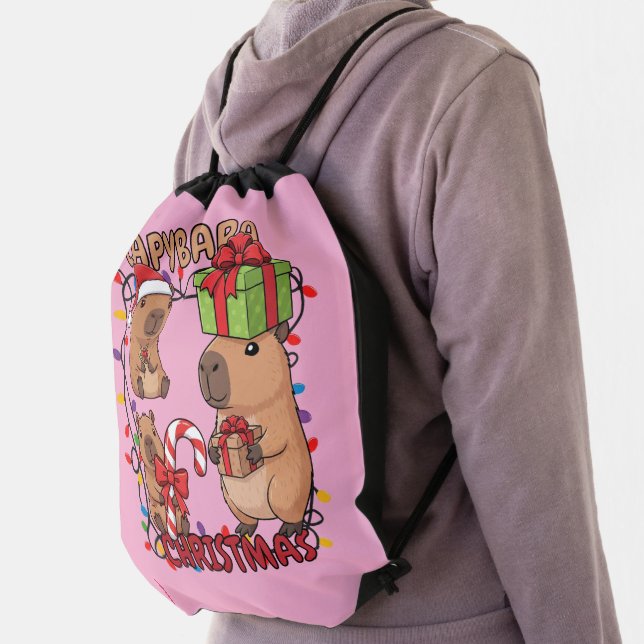 Cute Capybara Christmas Lights Festive Party Pink Drawstring Bag (Insitu)