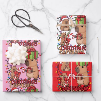 Cute Capybara Christmas Lights Festive Party Pink Wrapping Paper Sheets