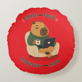 Cute Capybara Coffee Focus Productivity Work From Round Pillow