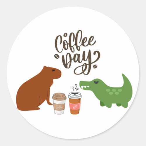 Cute Capybara  Crocodile Coffee Day Classic Round Sticker