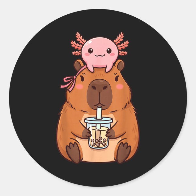 Cute Capybara Drinking Boba Tea Classic Round Sticker (Front)