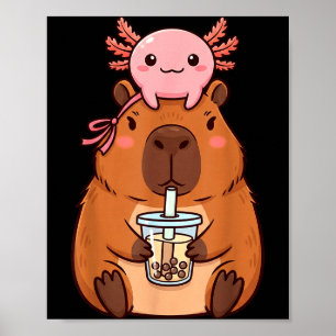 Cute Capybara Drinking Boba Tea Kawaii Axolotl Poster