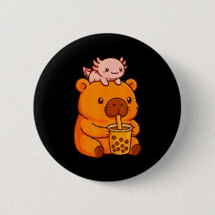 Cute Capybara Drinking Bubble Tea And Axolotl Kawa Button