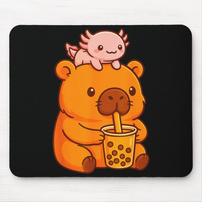 Cute Capybara Drinking Bubble Tea And Axolotl Kawa Mouse Pad (Front)