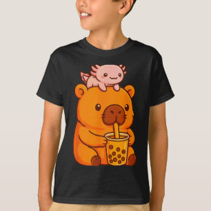 Cute Capybara Drinking Bubble Tea And Axolotl Kawa T-Shirt