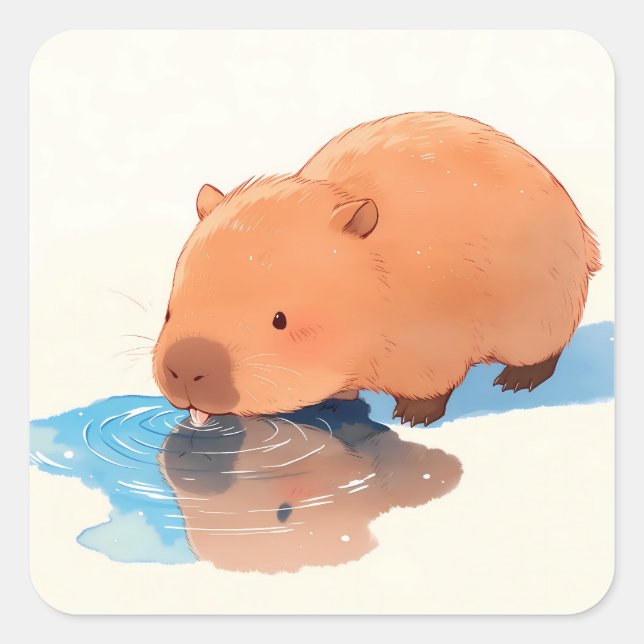 Cute Capybara Drinking from Blue Puddle Square Sticker (Front)