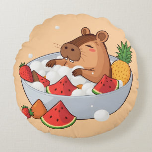 Cute Capybara Fruit Bath Spa Day Kawaii Animal Ill Round Pillow