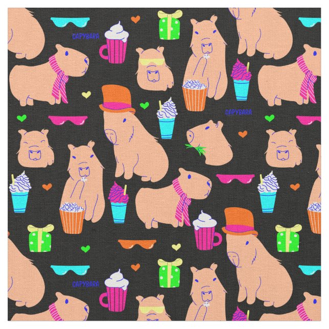 cute capybara funny animal black  fabric (Close Up)