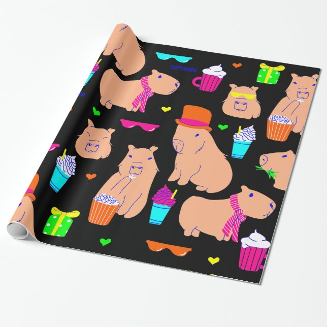 cute capybara funny animal black  wrapping paper (Unrolled)