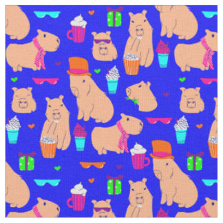 cute capybara funny animal blue fabric