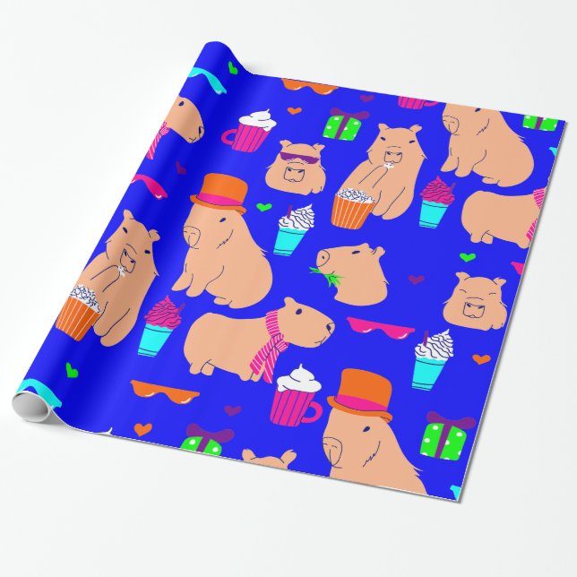 cute capybara funny animal blue  wrapping paper (Unrolled)