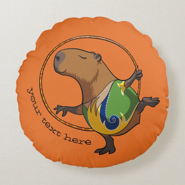 Cute Capybara Gymnast Hoop Cartoon With Caption Round Pillow (Front)