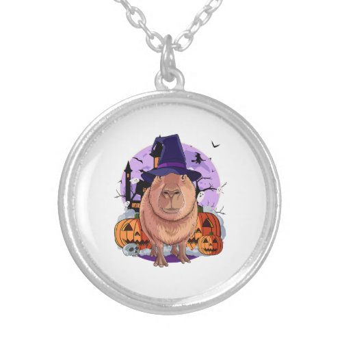 Cute Capybara Halloween Witch Pumpkin Sweatshirt Silver Plated Necklace