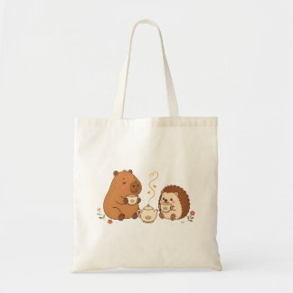 Cute Capybara Hedgehog Tea Time Friends Tote Bag