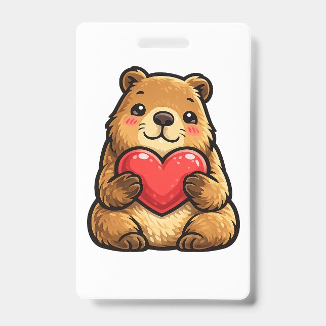 Cute Capybara Holding Heart Kawaii Capybara Badge (Front)