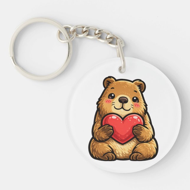 Cute Capybara Holding Heart Kawaii Capybara Keycha Keychain (Front)