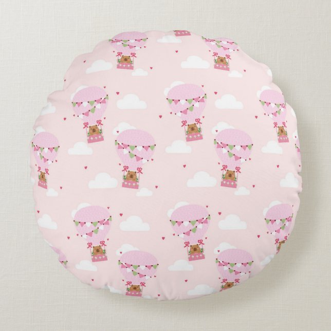 Cute Capybara Hot Air Balloon Round Pillow (Front)