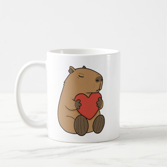 Cute Capybara Hugging Heart Valentine Coffee Mug (Left)