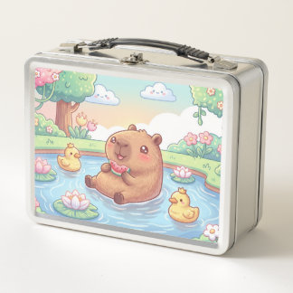 Cute capybara in a pond metal lunch box