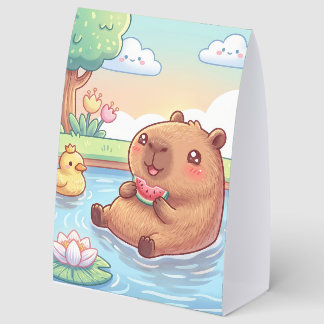 Cute capybara in a pond paper table tent