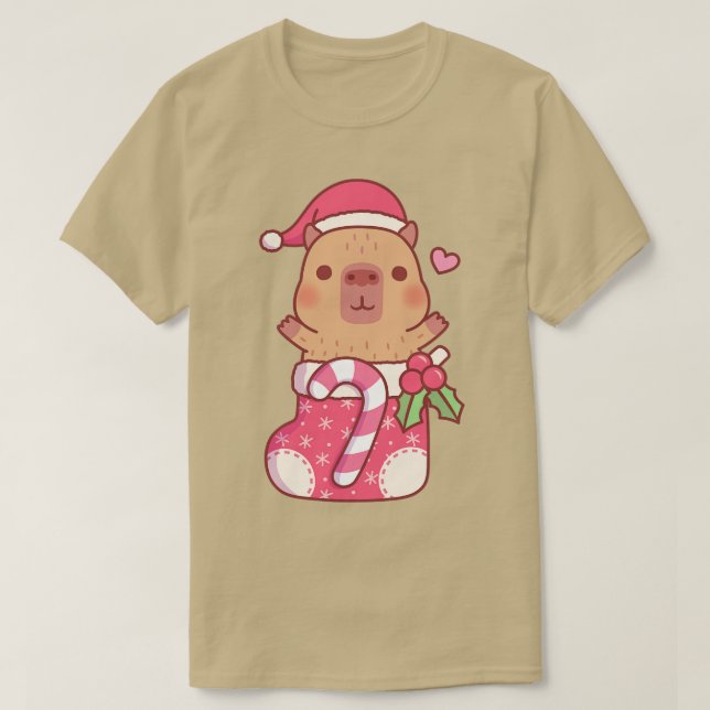 Cute Capybara In Christmas Stocking With Candy Can T-Shirt (Design Front)