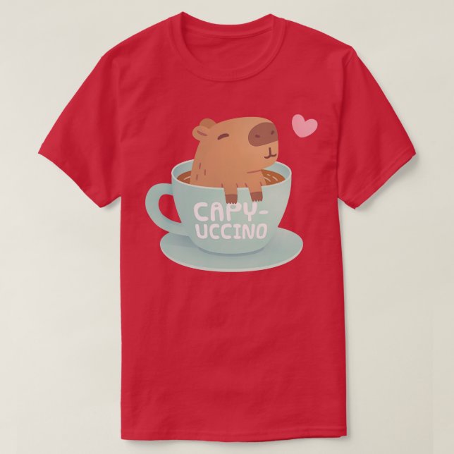 Cute Capybara In Cup Capyuccino Pun Humor T-Shirt (Design Front)
