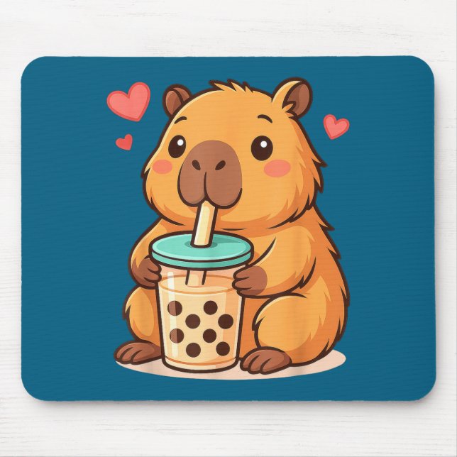 Cute Capybara Kawaii Anime Drinking Bubble Tea Lov Mouse Pad (Front)