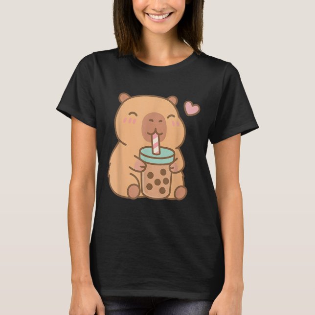 Cute Capybara Kawaii Anime Drinking Bubble Tea Lov T-Shirt (Front)