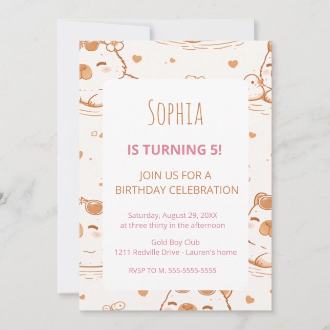 Cute Capybara Kids 5th Birthday Party Invitation (Front)