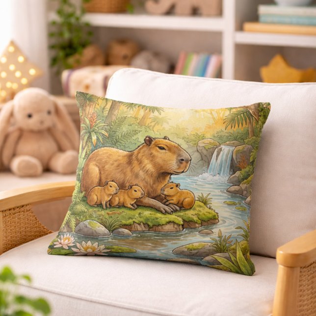 Cute Capybara Mama And Babies Jungle Animals  Throw Pillow (Creator Uploaded)
