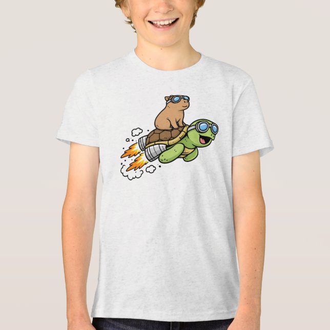 Cute Capybara on Turtle the Funny Animal Tri-Blend Shirt (Front)