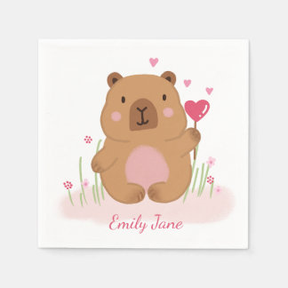 Cute Capybara Personalized Pink Baby Shower Napkins