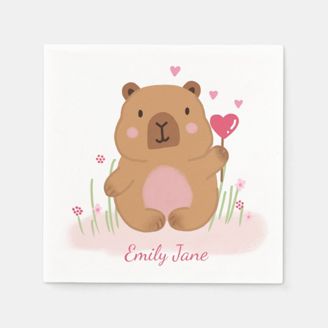 Cute Capybara Personalized Pink Baby Shower  Napkins (Front)