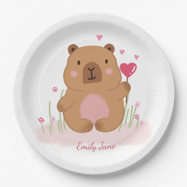 Cute Capybara Personalized Pink Baby Shower  Paper Plates (Front)