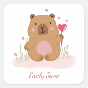 Cute Capybara Personalized Pink Baby Shower  Square Sticker