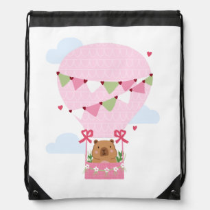 Cute Capybara Pink Hot Air Balloon Drawstring Bag