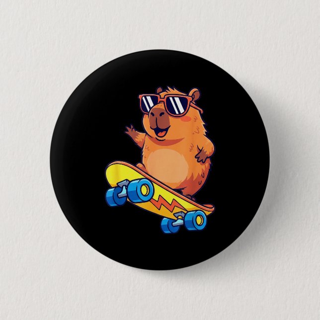 Cute Capybara Skateboarding Chill Animal Lover Art Button (Front)