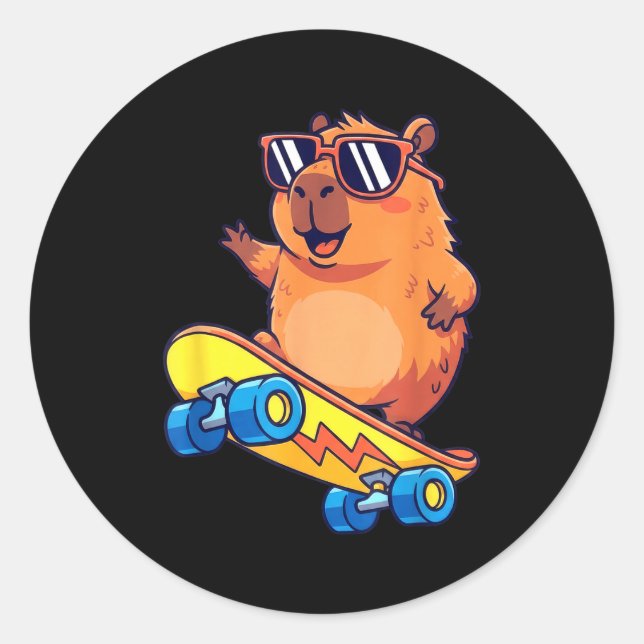 Cute Capybara Skateboarding Chill Animal Lover Art Classic Round Sticker (Front)
