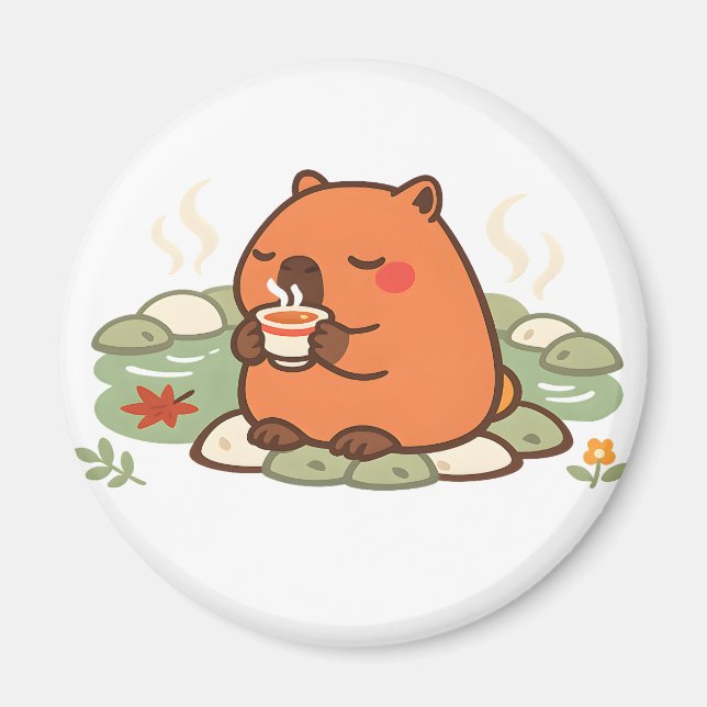 Cute Capybara Tea Time Onsen Hot Spring Magnet (Front)