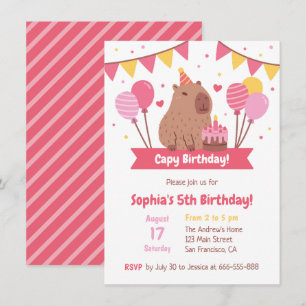 Cute Capybara With Birthday Cake Capy Birthday Invitation