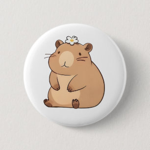Cute Capybara with Daisy Flower Kawaii Design Button