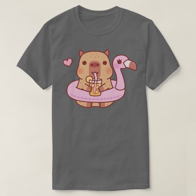 Cute Capybara With Flamingo Pool Float For Summer T-Shirt (Design Front)
